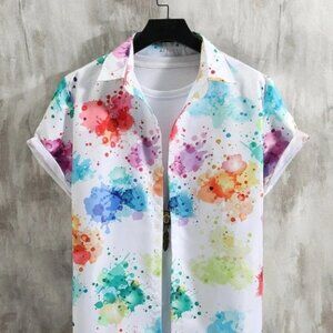 White Vacation Style Men's Splatter Paint Shirt